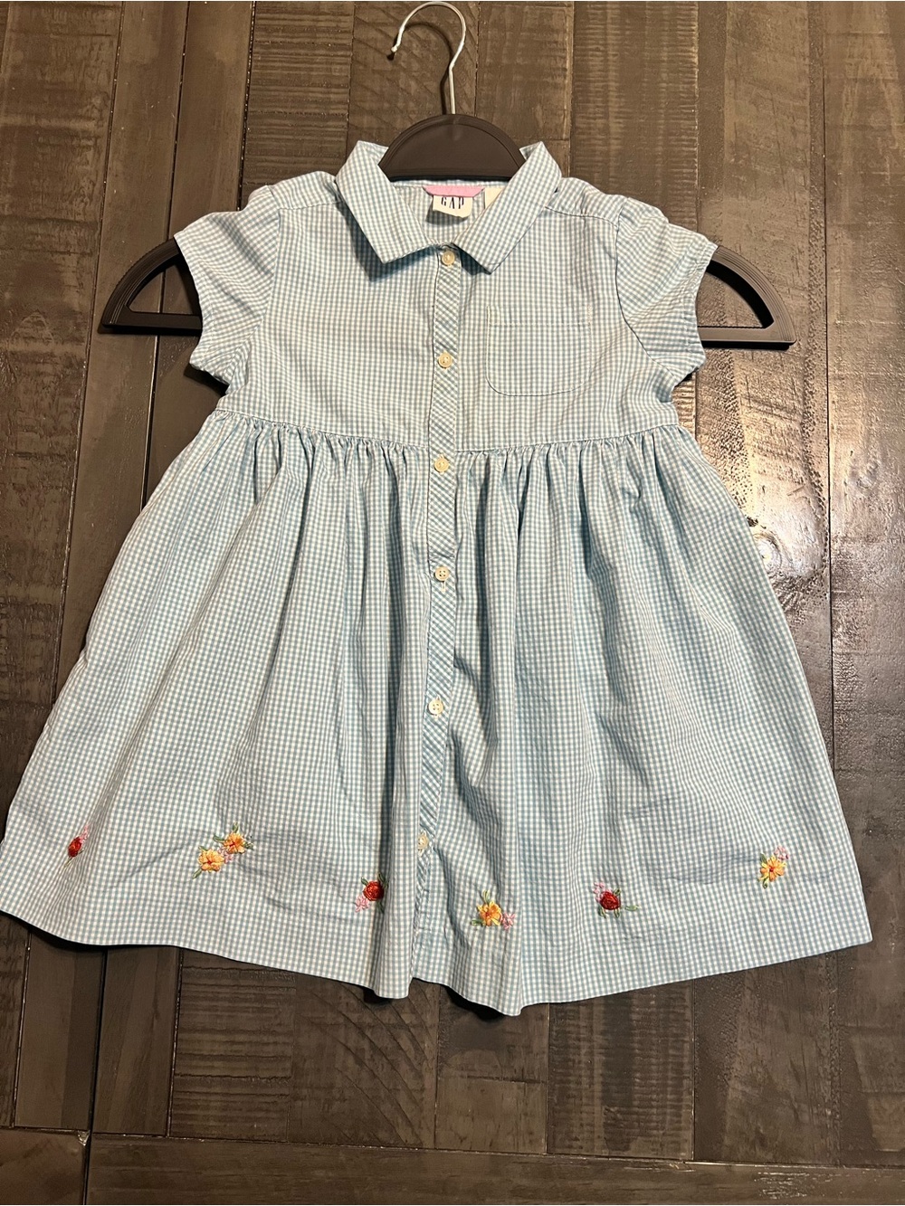 GAP Light Blue Gingham Button-Front Dress with Floral Accents